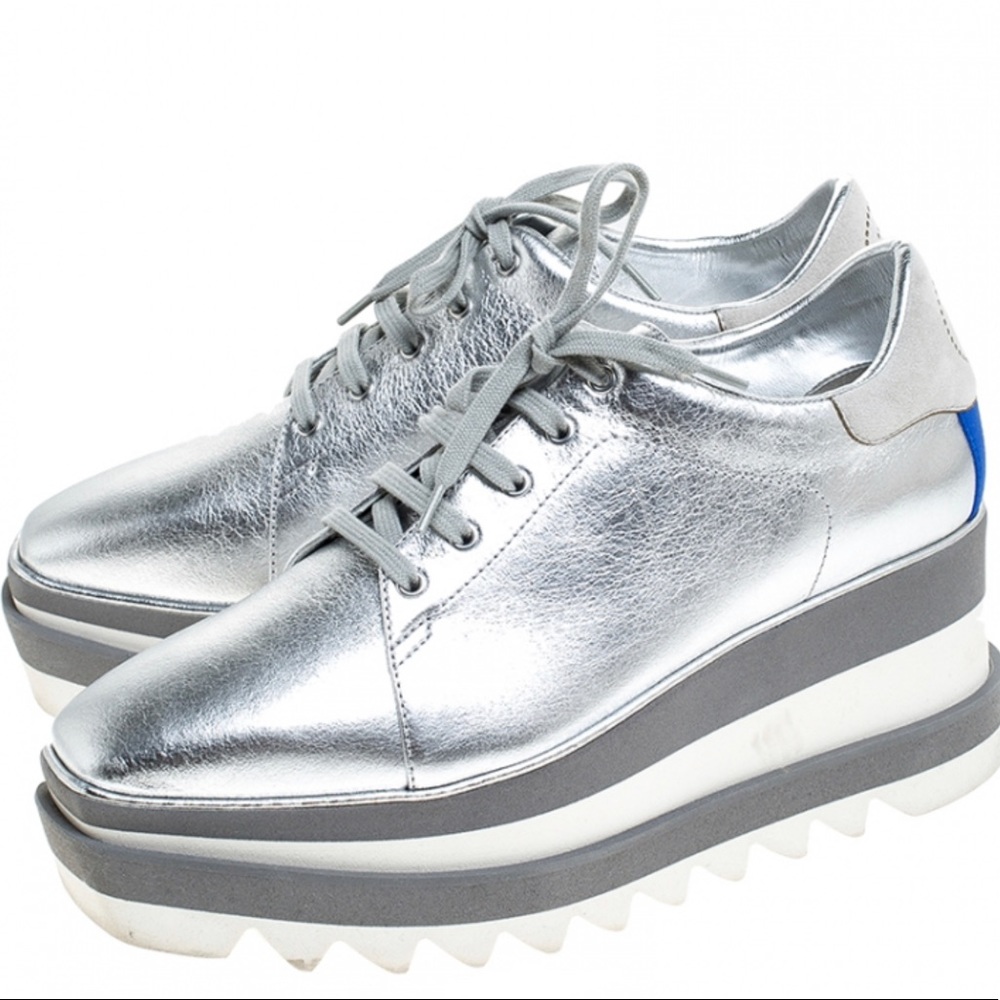 Stella McCartney Silver Metallic Faux Leather Elyse Platform Derby Shoes Size 6